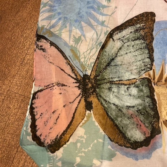 Pink, green, blue and yellow butterfly scarf with fringe on the ends. - Picture 3 of 9